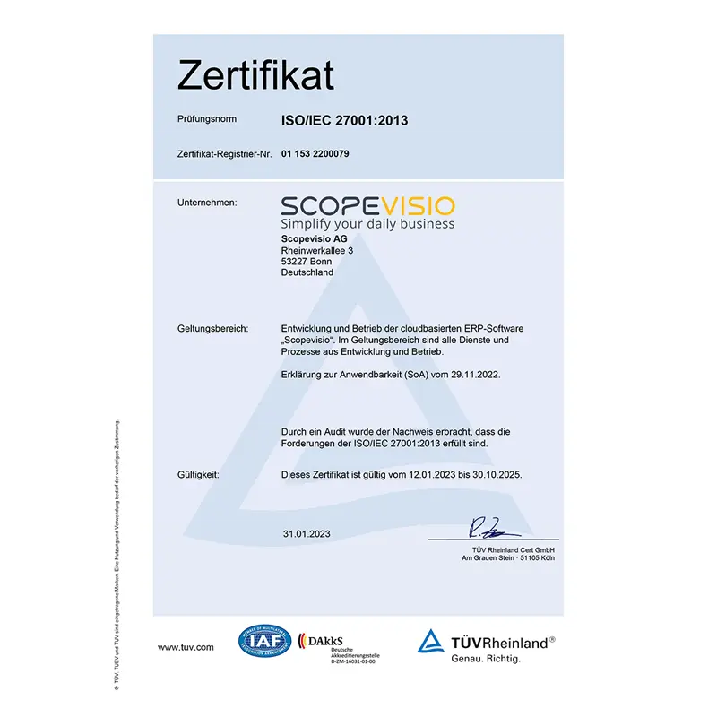 Scopevisio ist nach ISO 27001 zertifiziert, darauf sind wir stolz